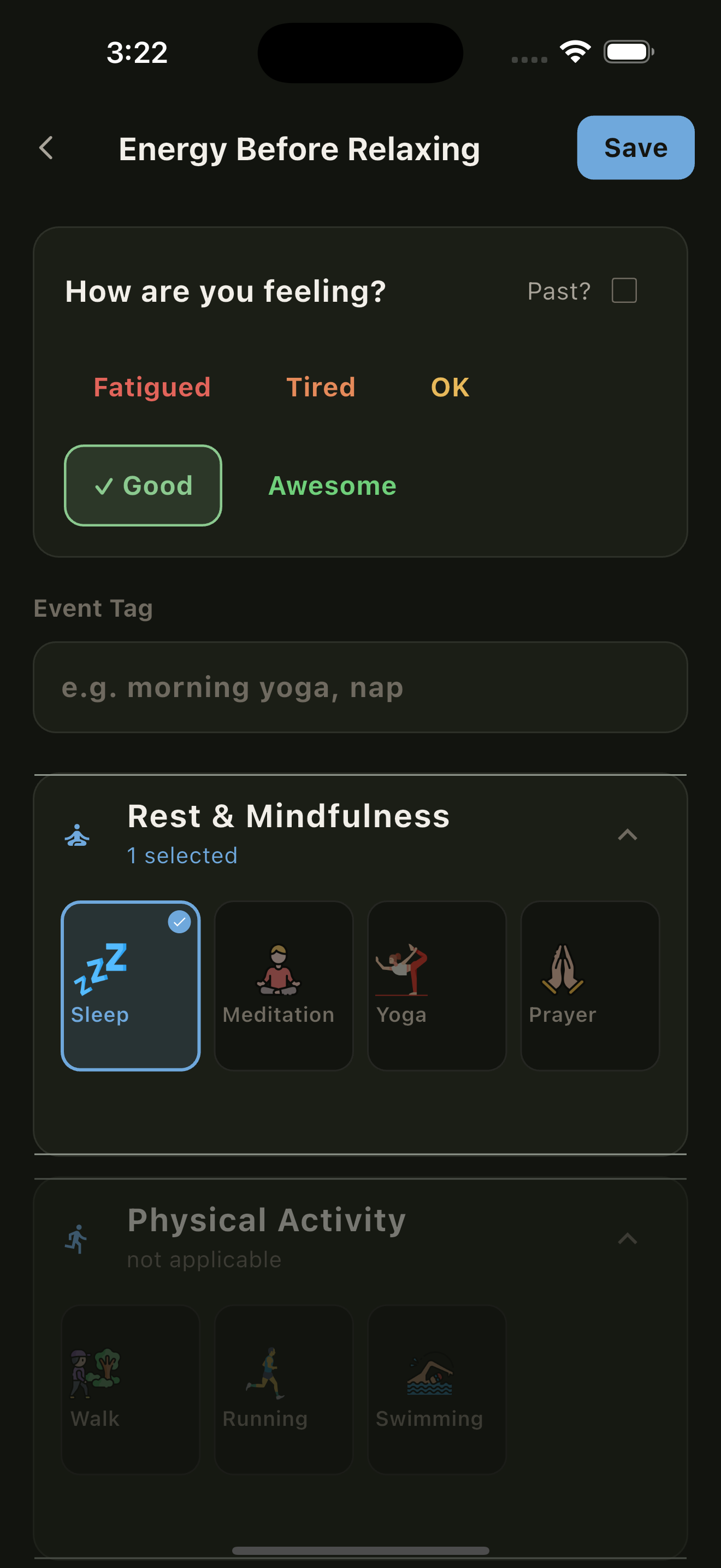 Relaxation tracking screen