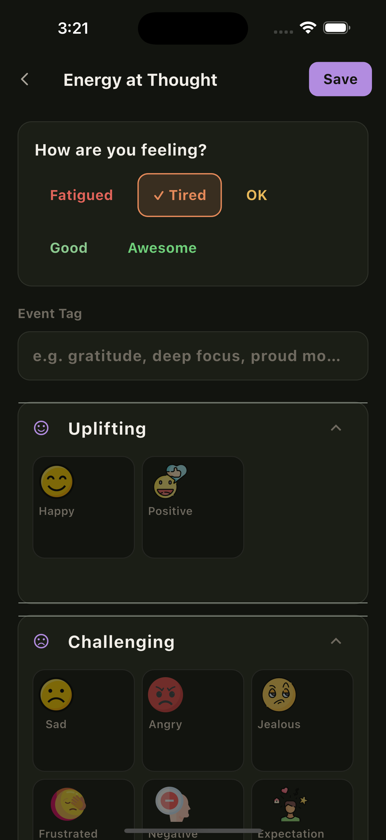 Thought tracking screen